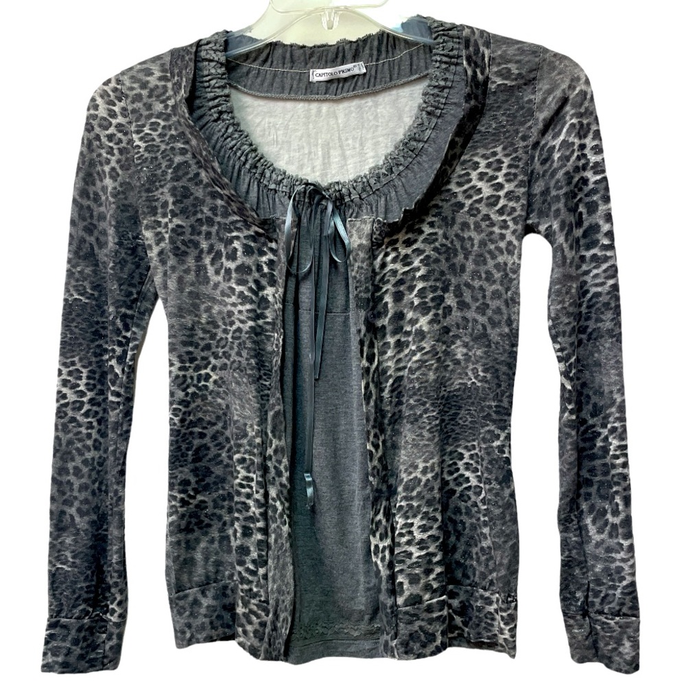 VINTAGE TOP SIZE 2 LEOPARD GRAY LAYERED FABRICS FRONT ITALIAN SATI…